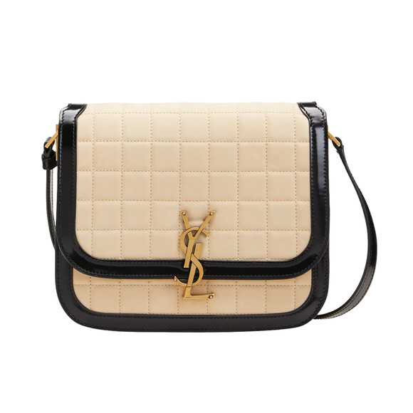 Saint Laurent Solferino Medium YSL Logo Beige Suede Quilted Black Shoulder Bag - Picture 1 of 12